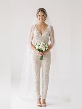 Hand Beaded Custom Designed Elegant Nude Jumpsuit